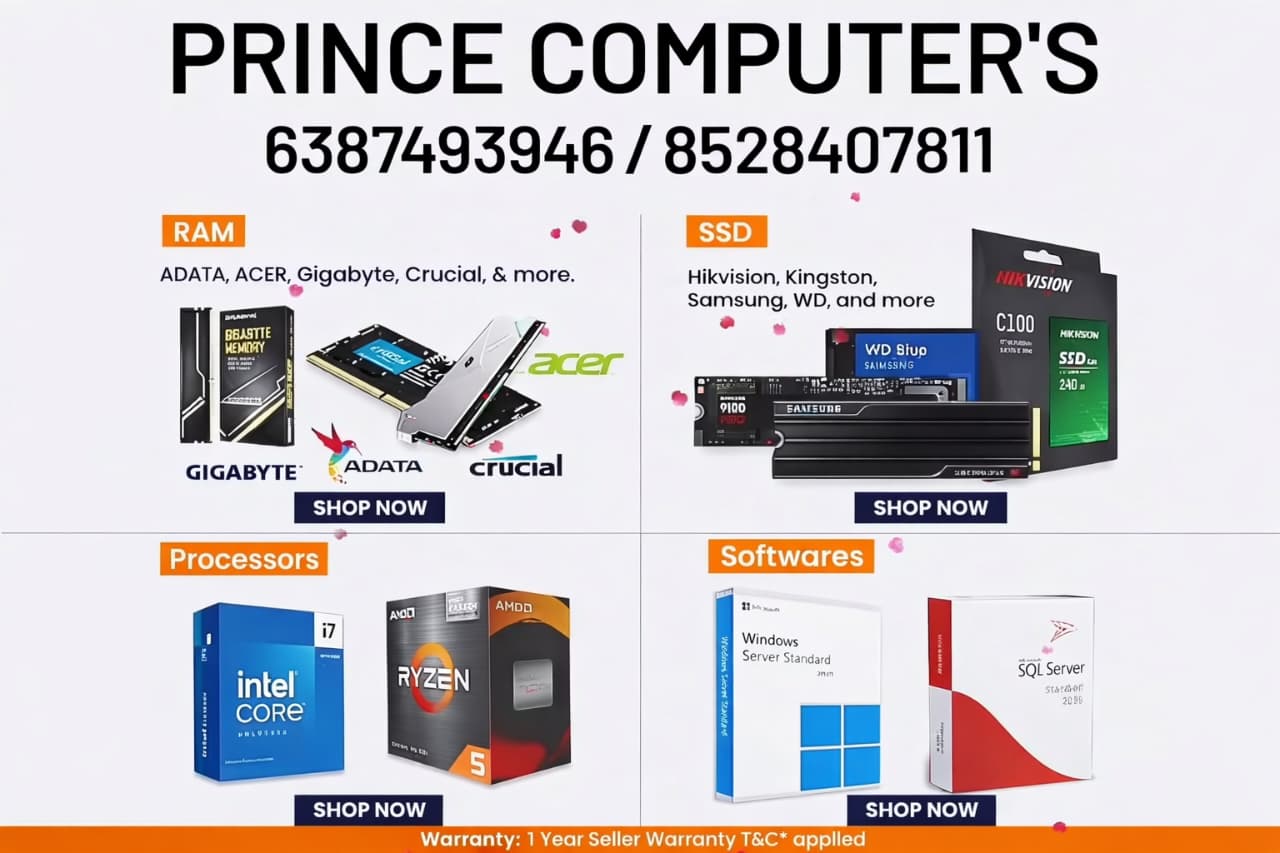 RAM, SSD, processors and software brands stocked at Prince Computer's, including ADATA, Crucial, Gigabyte, Hikvision, Samsung, WD, Intel and AMD